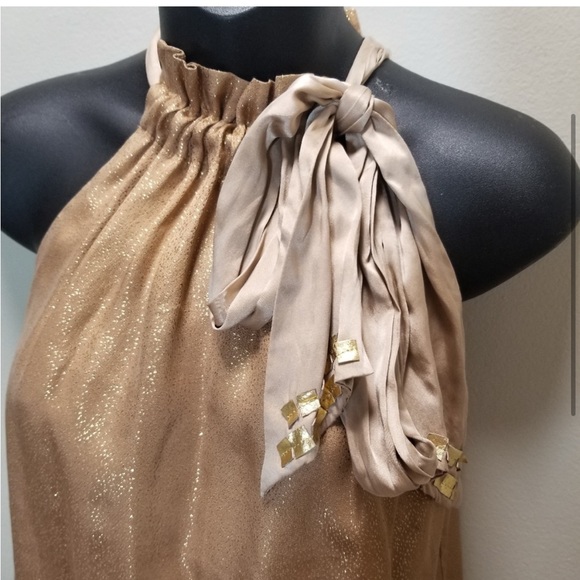 Hale Bob metallic gold halter top with bow tie Sz M - Picture 2 of 13